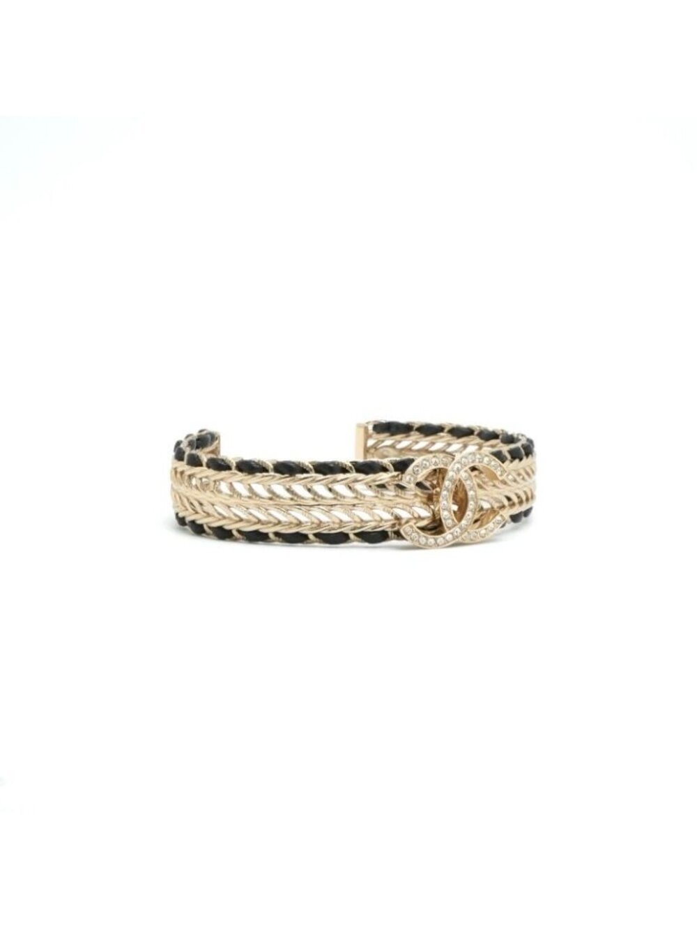 Chanel Bracelet Bangle Calf Gold CC Logo Rhinestone Leather